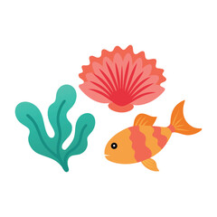 Flower Coral under water elements and fish isolated flat vector illustration on white background