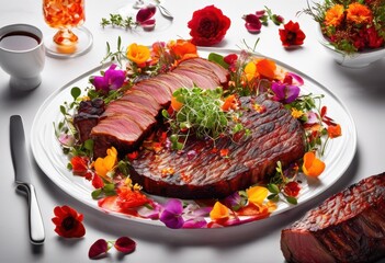 stunning close visual vibrant meat plate featuring colorful array grilled sliced meats arranged artistically fine dining platter, appetizing, artisanal