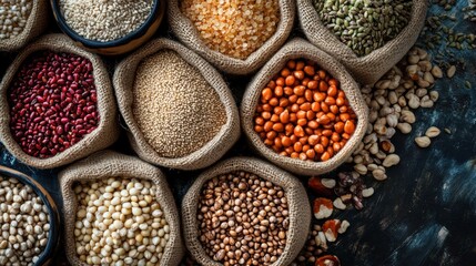 Fototapeta premium Baskets overflowing with diverse grains symbolize fertility and abundance, showcasing the richness of nature's harvest in a rustic setting