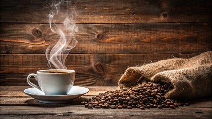 Coffee on Burlap with Smoke, wooden background, breakfast,  wooden background, breakfast, vintage, cup, nature, textures, earthy