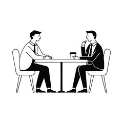 Two men in suits engaged in conversation while seated at a table, showcasing a professional discussion atmosphere Hand drawn Doodle line art flat vector illustration on white background.