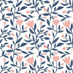 Seamless Floral Design with Light Pink Flowers and Dark Blue Branches