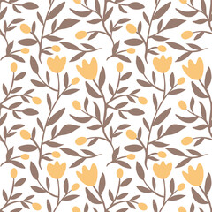 Repeating Floral Pattern with Light Yellow Flowers and Brown Branches