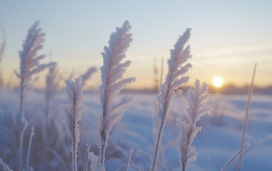 Obraz premium Frosty winter sunrise with ice-covered plants.
