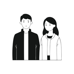 Young Man and woman stand side by side in a bright, white room, or full body both looking forward with neutral expressions Hand drawn Doodle line art flat vector illustration on white background.