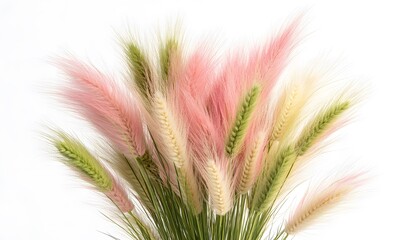 Obraz premium Pastel pink, green, and beige bunny tail grass bouquet on white.