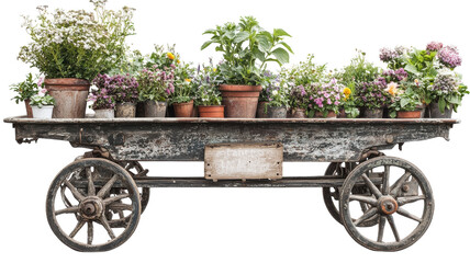 Fototapeta premium Charming Vintage Flower Cart Displaying an Array of Potted Plants Perfect for Garden Decor and Floral Arrangements.
