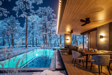 3d rendering of modern two story house with gray and wood accents, large windows, parking space in the right side of the building. Christmas garlands at New Year holidays