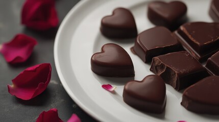 Fototapeta premium Close-up of heart-shaped chocolate on a white plate, with rose petals scattered around