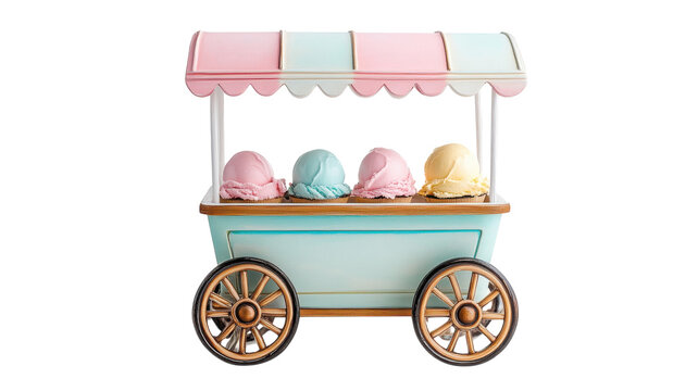 Vintage ice cream cart illustration, pastel gelato scoops display, retro street dessert wagon PNG for menu and branding
