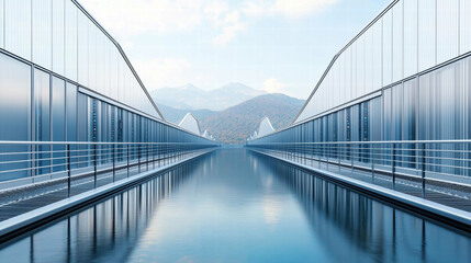 Obraz premium Data Center Heat Water Consumption. A modern bridge over calm water surrounded by mountains and a clear sky.