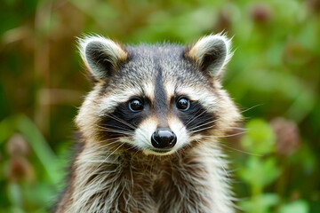 Fototapeta premium Close-up of a curious raccoon in natural surroundings, showing its expressive face and bright eyes.