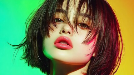Obraz premium Striking Portrait of a Young Woman with Colorful Background Lighting