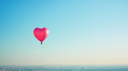 Fototapeta premium A pink heart-shaped balloon flying against a clear blue sky with a cityscape in the background