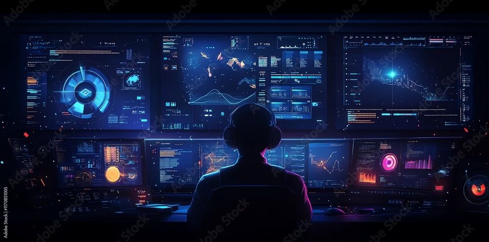 Poster cyberpunk operator: immersive neon data streams and graphs
