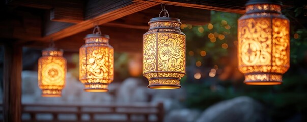 Chinese new year lanterns heritage concept. Lanterns with intricate zodiac carvings, glowing golden light beneath an ancient wooden bridge, celebrating the cycle of heritage