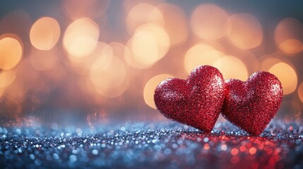 Obraz premium Red heart-shaped sparkles falling in the air against a soft background