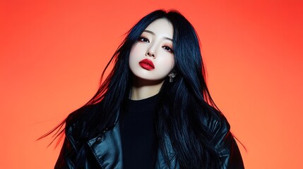 Obraz premium Portrait of a Fashionable Woman with Long Black Hair and Bold Makeup