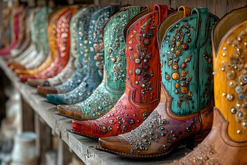 Colorful, jeweled cowboy boots displayed on wooden shelves.