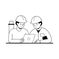 Two professionals in hard hats are focused on a tablet, collaborating on a project or task at a construction site Hand drawn Doodle line art flat vector illustration on white background
