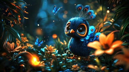 Adorable blue peacock chick in enchanted forest.