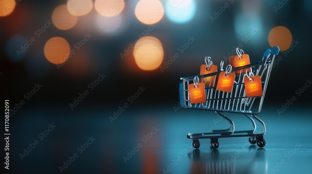 Poster shopping cart with digital tags on a blurred background reflecting modern online purchasing and e-co