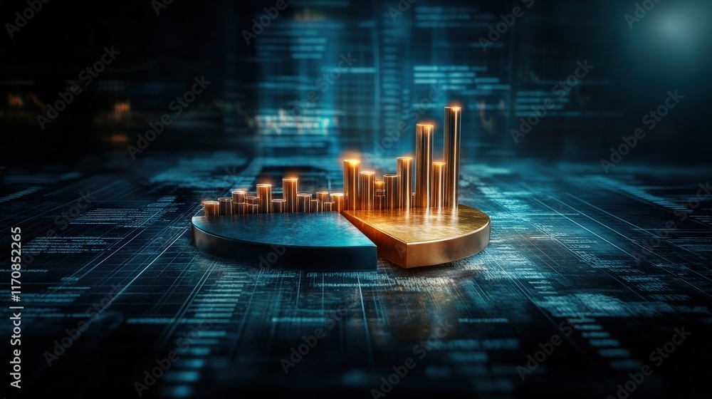 Poster Modern Data Visualization with Bar and Pie Charts in 3D Rendering on a Digital Interface for Financial Analysis and Business Insights