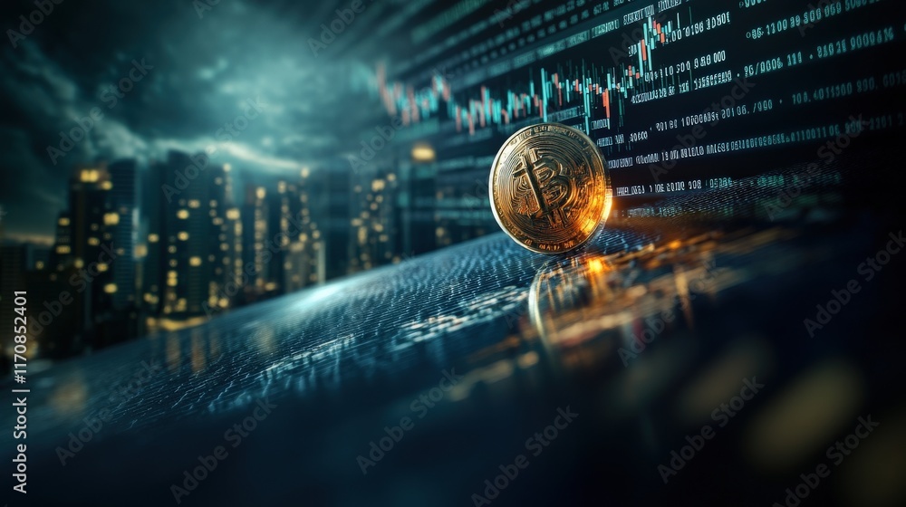 Poster cryptocurrency market trend analysis with bitcoin coin on the table and city background depicting fi