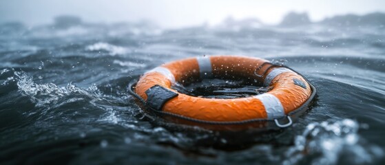 Orange life preserver adrift in choppy water.