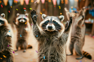 Excited raccoons celebrating with raised paws and confetti in a lively outdoor party scene.