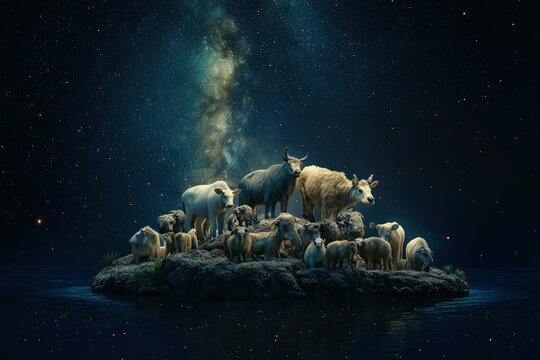 Group of herbivore animals on the island with milky way background at night time. World wildlife day concept 