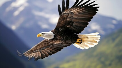 Obraz premium A majestic eagle soaring against a backdrop of mountains and greenery.