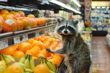 A curious raccoon explores the vibrant produce section in a grocery store, examining fresh fruits.