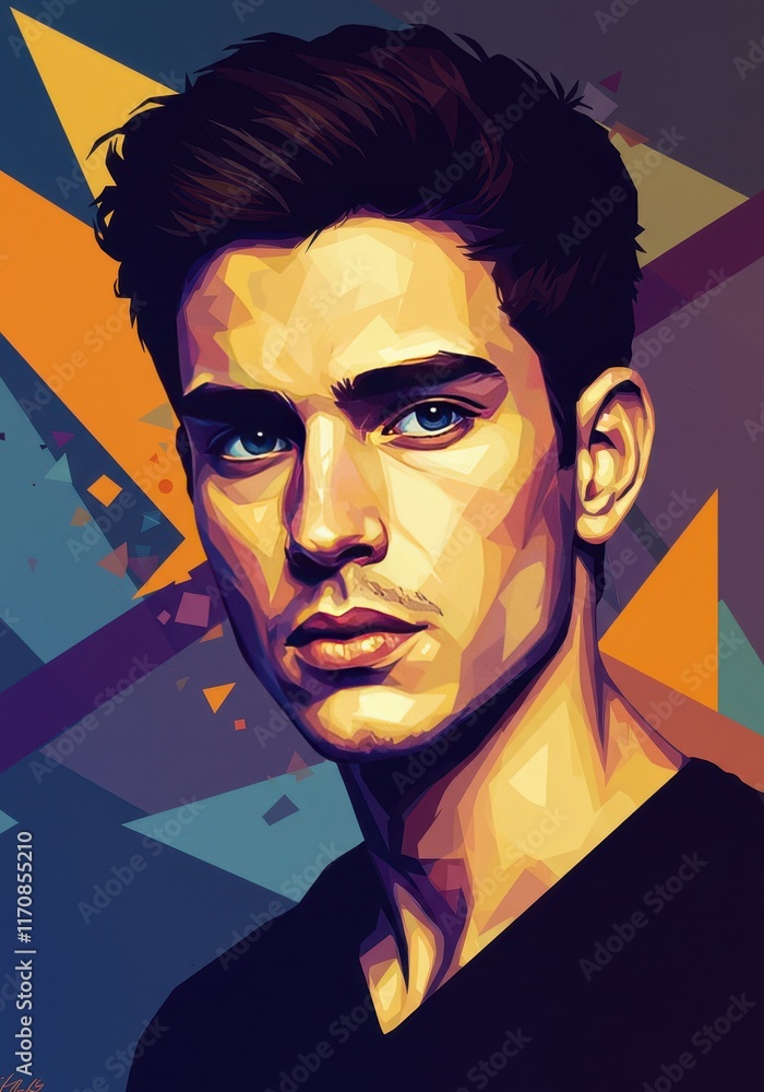 Poster geometric portrait of a young man with colorful triangles and sharp features