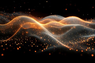 Abstract glowing orange particles wave on black background.