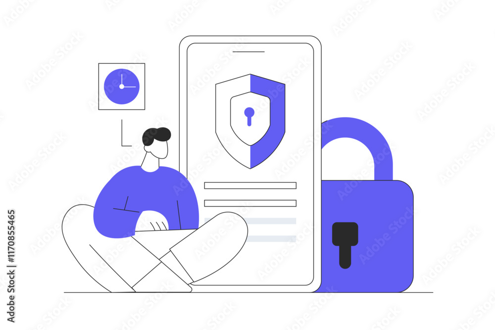 Poster data protection with guard character protect smartphone with lock on screen. internet security servi
