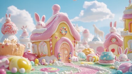 Pastel-colored whimsical candy-like Easter village with cartoon rabbits, pastel houses, and colorful eggs.  Sweet, festive, and magical.