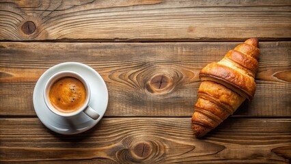 Espresso and croissant on wood background, wooden table, drink,  wooden table, drink, coffee beans, earthy, kitchen, pastry