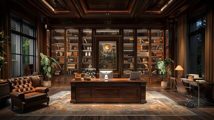 Fototapeta premium Opulent Classic Study: Rich Wood, Leather, and Books