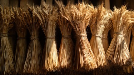 Bundles of grain arranged in rustic sheaves showcasing agricultural beauty in a warm, inviting rural setting