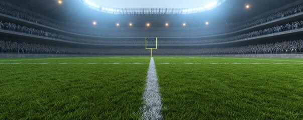 American Football Stadium Green Field Goalposts and Cheering Crowd