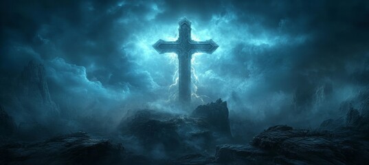 Jesus Cross at dark foggy melancholic scene. Religion faith worship spirituality concept. Generative AI technology.