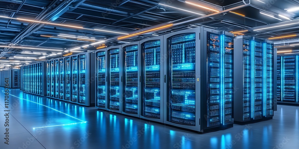 Aufkleber modern data center: rows of illuminated servers in a sleek, futuristic setting