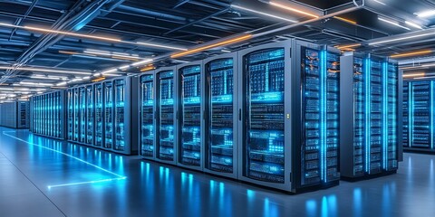 Fototapeta premium Modern Data Center: Rows of Illuminated Servers in a Sleek, Futuristic Setting