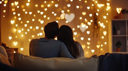 Naklejka premium Romantic couple sitting under heart-shaped string lights in a cozy room