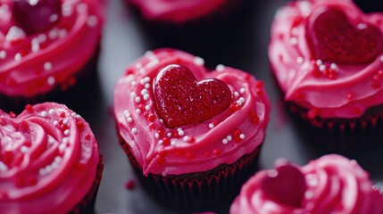 Close-up of heart-shaped cupcakes decorated with red icing and sprinkles