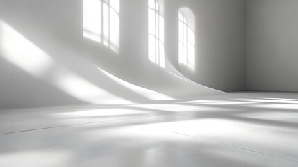 Abstract white room with curved walls and sunlight.