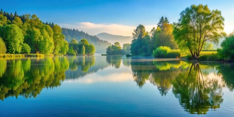 Soft morning light on a serene lake with gently lapping water and lush greenery surrounding it, Water Reflections, Serene Landscape
