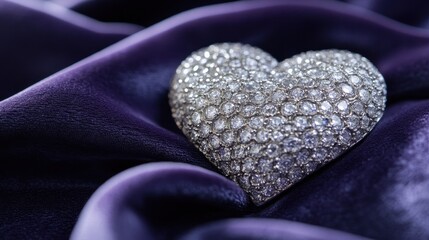 Fototapeta premium Close-up of a heart-shaped brooch with sparkling diamonds on a velvet fabric