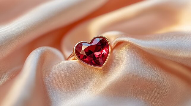 A heart-shaped ring with a ruby gemstone on a soft, luxurious fabric background